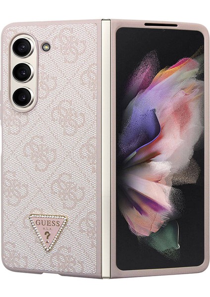 Galaxy Z Fold 5 Uyumlu Kılıf Guess Orjinal Lisanslı Pu Deri Taşlı Üçgen Logo 4g Desenli Strass Pembe