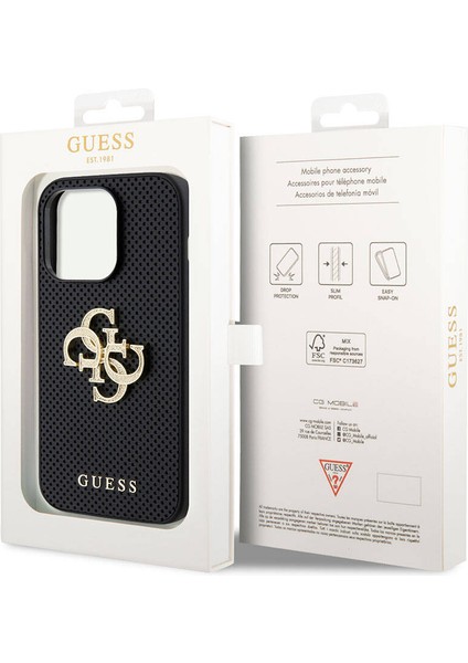 iPhone 15 Pro Uyumlu Kılıf Guess Orjinal Lisanslı Delikli Yazı ve 4g Glitter Büyük Metal Logo Siyah