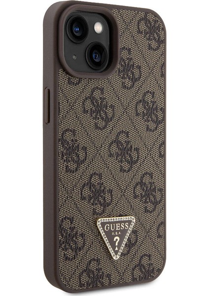 iPhone 15 Uyumlu Kılıf Guess Orjinal Lisanslı Pu Deri Taşlı Üçgen Logo 4g Desenli Strass Kahverengi