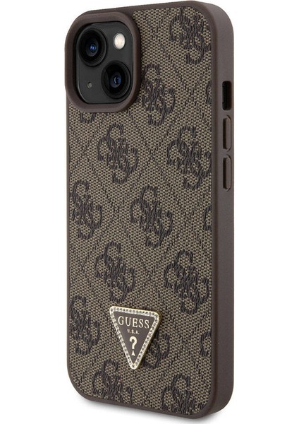iPhone 15 Uyumlu Kılıf Guess Orjinal Lisanslı Pu Deri Taşlı Üçgen Logo 4g Desenli Strass Kahverengi modelleri
