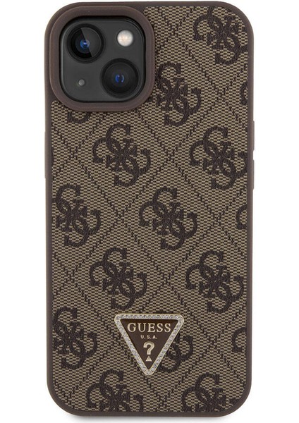 iPhone 15 Uyumlu Kılıf Guess Orjinal Lisanslı Pu Deri Taşlı Üçgen Logo 4g Desenli Strass Kahverengi fırsatları