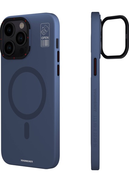 iPhone 15 Pro Uyumlu Kılıf Magsafe Şarj Özellikli Standlı Youngkit Hermit Bracket Serisi Kapak Mavi