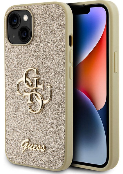 iPhone 15 Uyumlu Kılıf Guess Orjinal Lisanslı 4g Büyük Metal Logolu Glitter Kapak Gold