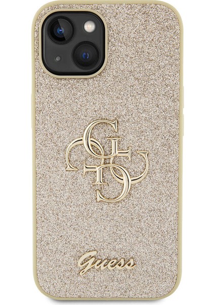 iPhone 15 Uyumlu Kılıf Guess Orjinal Lisanslı 4g Büyük Metal Logolu Glitter Kapak Gold