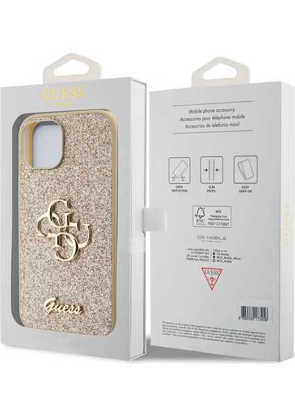 iPhone 15 Uyumlu Kılıf Guess Orjinal Lisanslı 4g Büyük Metal Logolu Glitter Kapak Gold