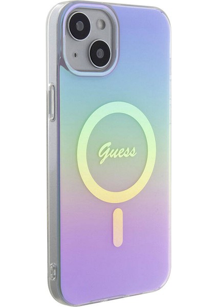 iPhone 15 Uyumlu Kılıf Guess Orjinal Lisanslı Magsafe Şarj Özellik Yazı Logolu Iridescent Kapak Mor