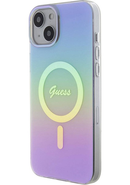 iPhone 15 Uyumlu Kılıf Guess Orjinal Lisanslı Magsafe Şarj Özellik Yazı Logolu Iridescent Kapak Mor modelleri