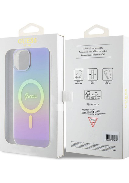 iPhone 15 Uyumlu Kılıf Guess Orjinal Lisanslı Magsafe Şarj Özellik Yazı Logolu Iridescent Kapak Mor indirimleri