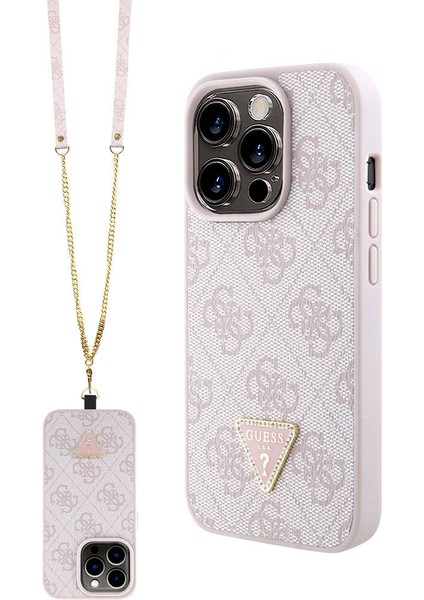 iPhone 15 Pro Kılıf Guess Lisanslı Pu Deri Askılı Taşlı Üçgen Logo 4g Desenli Strass Crossbody Pembe fiyatları