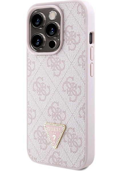 iPhone 15 Pro Kılıf Guess Lisanslı Pu Deri Askılı Taşlı Üçgen Logo 4g Desenli Strass Crossbody Pembe modelleri