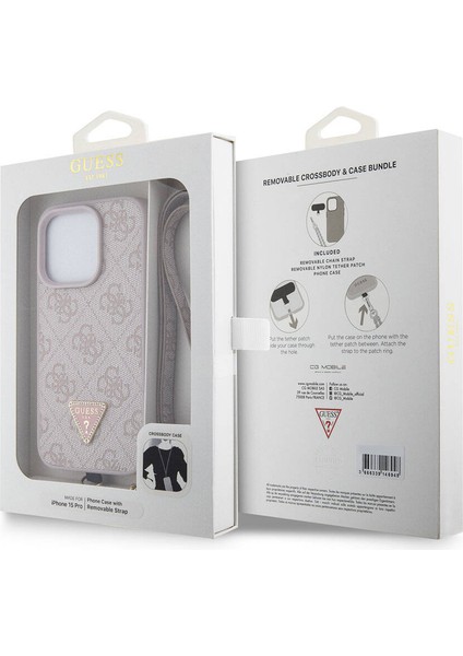 iPhone 15 Pro Kılıf Guess Lisanslı Pu Deri Askılı Taşlı Üçgen Logo 4g Desenli Strass Crossbody Pembe indirimleri