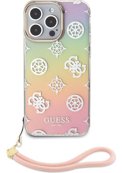 iPhone 15 Pro Kılıf Guess Orjinal Lisanslı Yazı Logolu Askı Ipli Holografik Glitter Peony Pembe modelleri