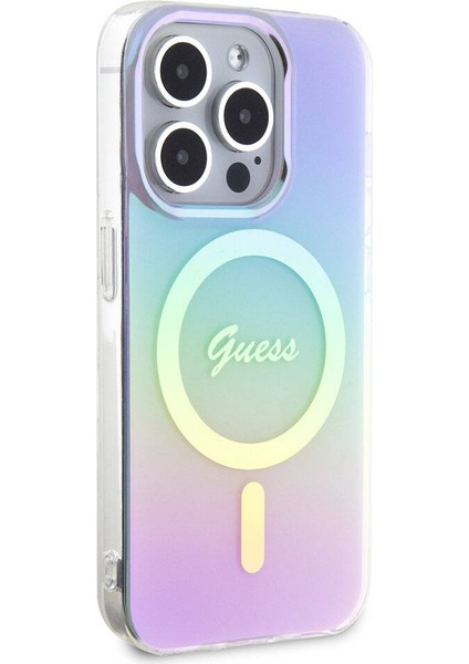iPhone 15 Pro Uyumlu Kılıf Guess Orjinal Lisanslı Magsafe Şarj Özellikli Yazı Logolu Iridescent Mor