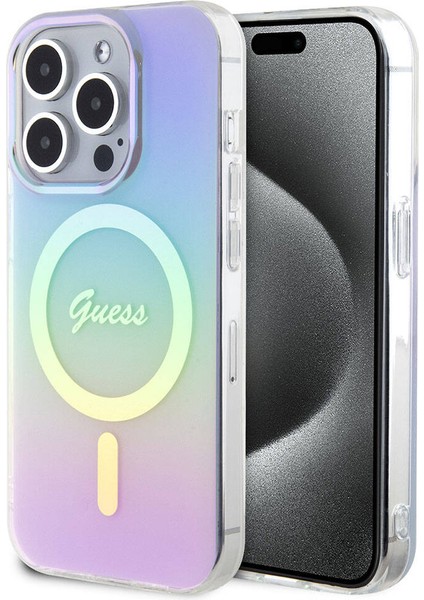 iPhone 15 Pro Uyumlu Kılıf Guess Orjinal Lisanslı Magsafe Şarj Özellikli Yazı Logolu Iridescent Mor