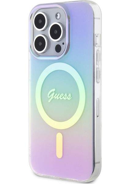 iPhone 15 Pro Uyumlu Kılıf Guess Orjinal Lisanslı Magsafe Şarj Özellikli Yazı Logolu Iridescent Mor