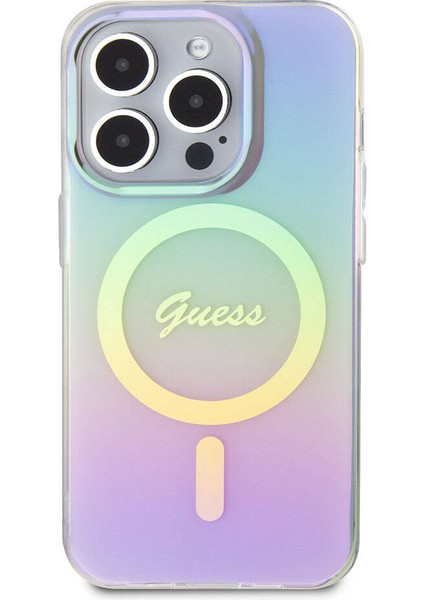 iPhone 15 Pro Uyumlu Kılıf Guess Orjinal Lisanslı Magsafe Şarj Özellikli Yazı Logolu Iridescent Mor