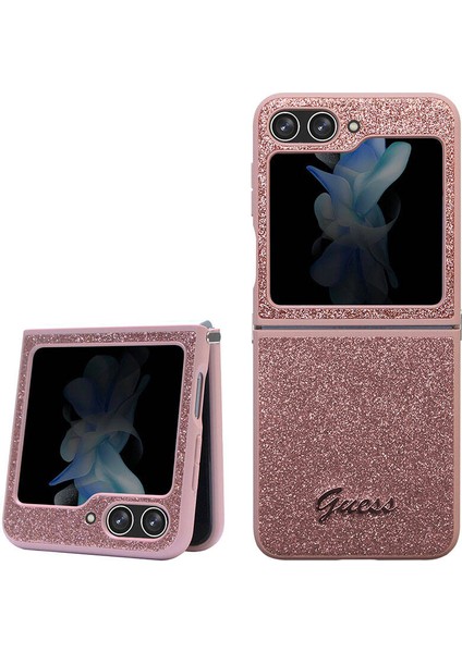 Galaxy Z Flip 5 Uyumlu Kılıf Guess Orjinal Lisanslı Yazı Logolu Glitter Script Kapak Pembe