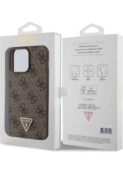 iPhone 15 Pro Uyumlu Kılıf Guess Orjinal Lisans Pu Deri Taşlı Üçgen Logo 4g Desen Strass Kahverengi