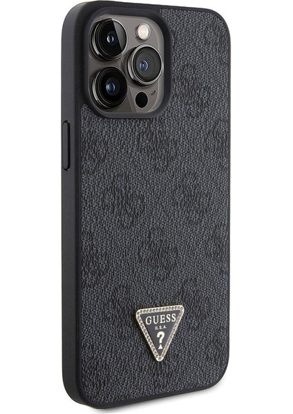 iPhone 15 Pro Max Uyumlu Kılıf Guess Orjinal Lisans Pu Deri Taşlı Üçgen Logo 4g Desen Strass Siyah