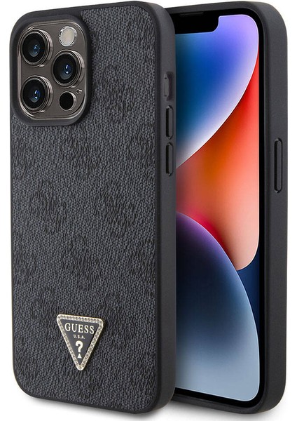 iPhone 15 Pro Max Uyumlu Kılıf Guess Orjinal Lisans Pu Deri Taşlı Üçgen Logo 4g Desen Strass Siyah