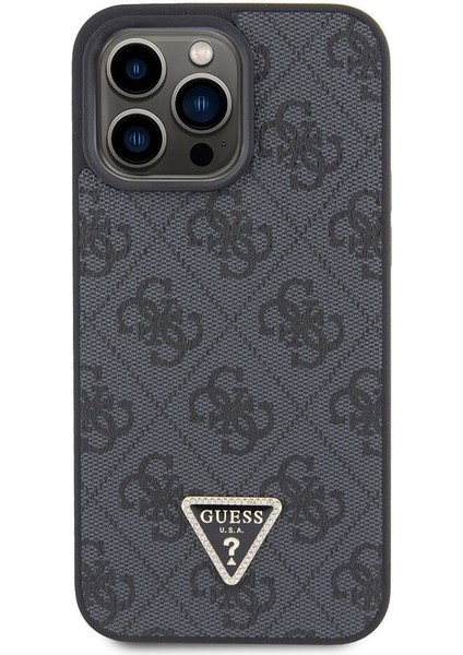 iPhone 15 Pro Max Uyumlu Kılıf Guess Orjinal Lisans Pu Deri Taşlı Üçgen Logo 4g Desen Strass Siyah