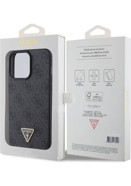 iPhone 15 Pro Max Uyumlu Kılıf Guess Orjinal Lisans Pu Deri Taşlı Üçgen Logo 4g Desen Strass Siyah