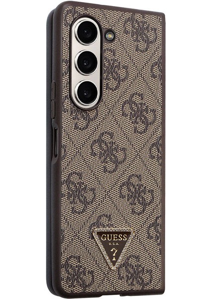 Galaxy Z Fold 5 Kılıf Guess Orjinal Lisanslı Pu Deri Taşlı Üçgen Logo 4g Desenli Strass Kahverengi