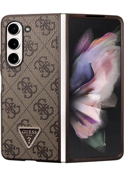 Galaxy Z Fold 5 Kılıf Guess Orjinal Lisanslı Pu Deri Taşlı Üçgen Logo 4g Desenli Strass Kahverengi