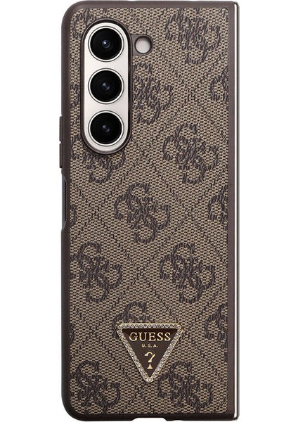 Galaxy Z Fold 5 Kılıf Guess Orjinal Lisanslı Pu Deri Taşlı Üçgen Logo 4g Desenli Strass Kahverengi