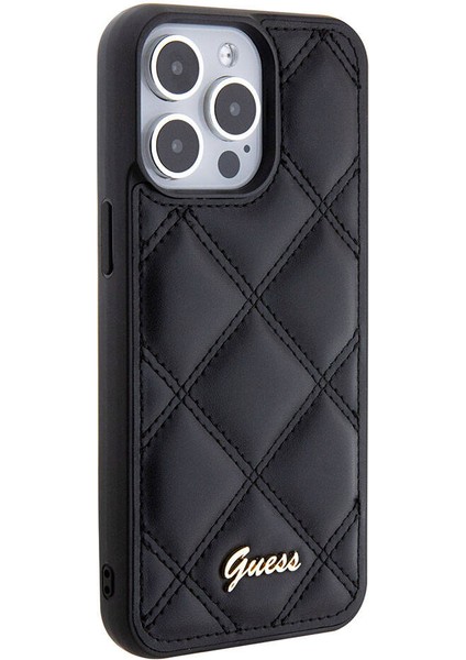 iPhone 15 Pro Max Uyumlu Kılıf Guess Orjinal Lisanslı Pu Deri Metal Yazı Logolu Kapitone Kapak Siyah