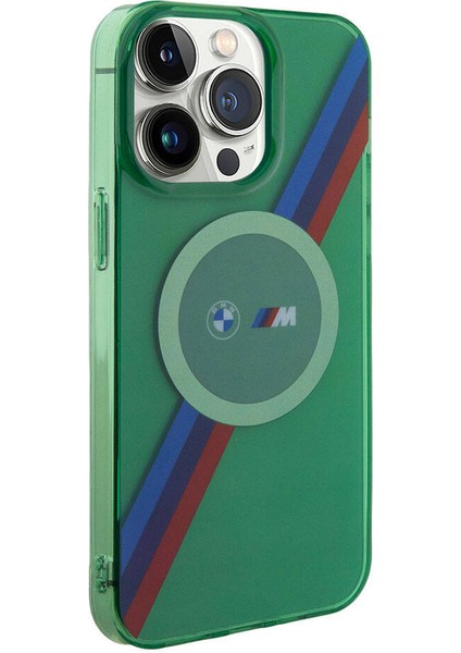 iPhone 15 Pro Max Kılıf Bmw Magsafe Şarj Özellik Transparan Tricolor Stripes Orjinal Lisanslı Yeşil