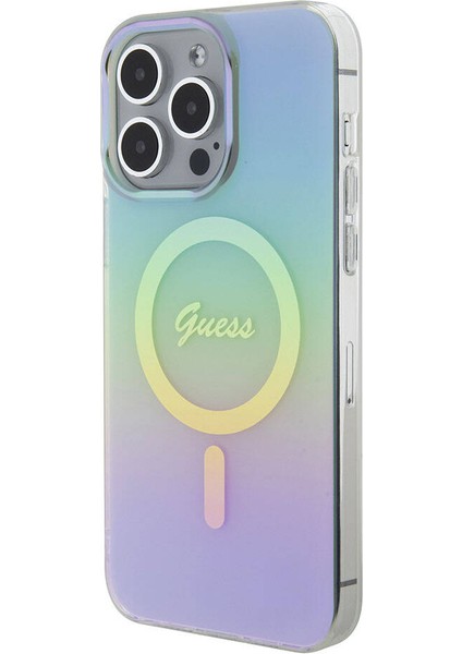 iPhone 15 Pro Uyumlu Kılıf Guess Orjinal Lisanslı Magsafe Şarj Özellik Yazı Logo Iridescent Turkuaz