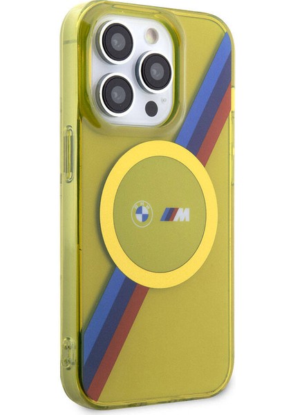 iPhone 15 Pro Uyumlu Kılıf Bmw Magsafe Şarjlı Transparan Tricolor Stripes Orjinal Lisans Kapak Sarı