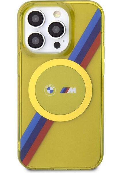 iPhone 15 Pro Uyumlu Kılıf Bmw Magsafe Şarjlı Transparan Tricolor Stripes Orjinal Lisans Kapak Sarı fırsatları