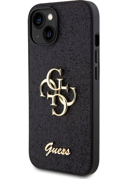 iPhone 15 Uyumlu Kılıf Guess Orjinal Lisanslı 4g Büyük Metal Logolu Glitter Kapak Siyah