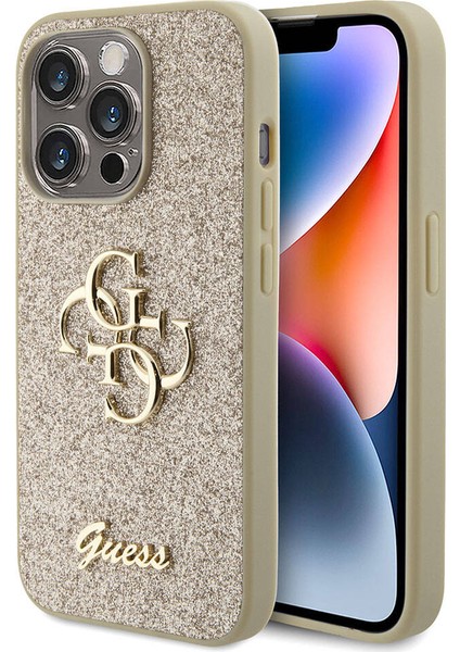 iPhone 15 Pro Max Uyumlu Kılıf Guess Orjinal Lisanslı 4g Büyük Metal Logolu Glitter Kapak Gold
