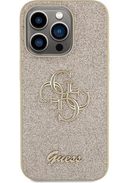 iPhone 15 Pro Max Uyumlu Kılıf Guess Orjinal Lisanslı 4g Büyük Metal Logolu Glitter Kapak Gold