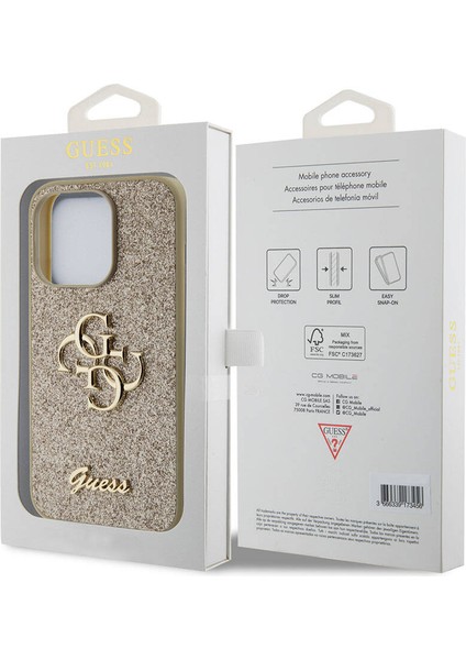 iPhone 15 Pro Max Uyumlu Kılıf Guess Orjinal Lisanslı 4g Büyük Metal Logolu Glitter Kapak Gold