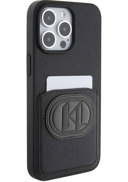 iPhone 15 Pro Max Uyumlu Kılıf Kartlıklı Saffiano K&l Patch Orjinal Lisanslı Siyah