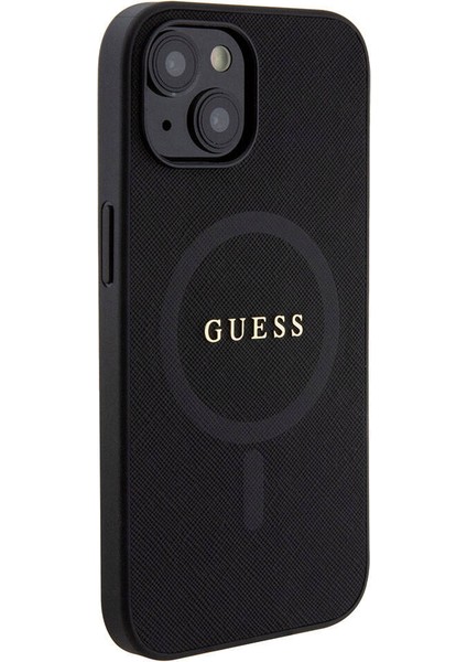 iPhone 15 Uyumlu Kılıf Guess Orjinal Lisanslı Magsafe Şarj Özellikli Yazı Logo Saffiano Kapak Siyah