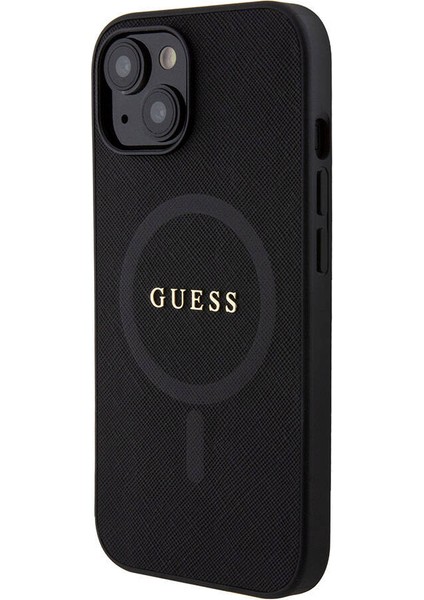 iPhone 15 Uyumlu Kılıf Guess Orjinal Lisanslı Magsafe Şarj Özellikli Yazı Logo Saffiano Kapak Siyah