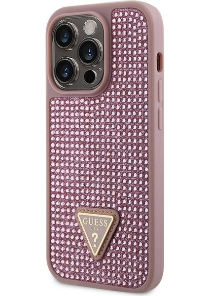 iPhone 15 Pro Uyumlu Kılıf Guess Orjinal Lisanslı Taşlı Arka Yüzey Üçgen Logolu Kapak Pembe fiyatları