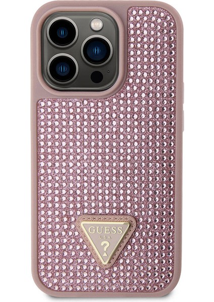 iPhone 15 Pro Uyumlu Kılıf Guess Orjinal Lisanslı Taşlı Arka Yüzey Üçgen Logolu Kapak Pembe modelleri