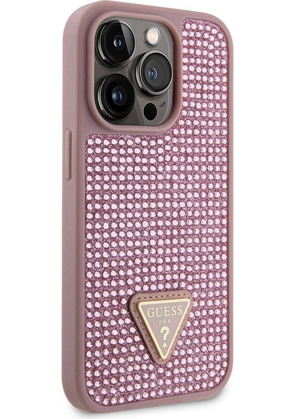 iPhone 15 Pro Uyumlu Kılıf Guess Orjinal Lisanslı Taşlı Arka Yüzey Üçgen Logolu Kapak Pembe fırsatları