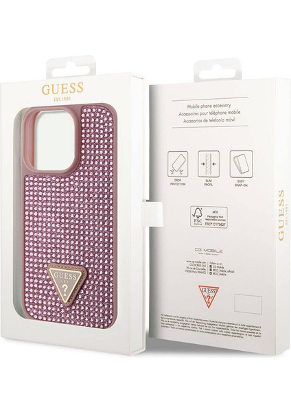 iPhone 15 Pro Uyumlu Kılıf Guess Orjinal Lisanslı Taşlı Arka Yüzey Üçgen Logolu Kapak Pembe indirimleri