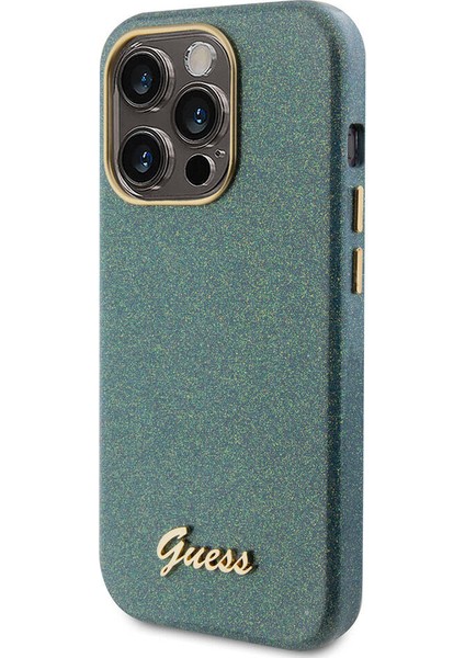iPhone 15 Pro Max Uyumlu Kılıf Guess Orjinal Lisanslı Yazı Logolu Glitter Glossy Script Kapak Haki modelleri