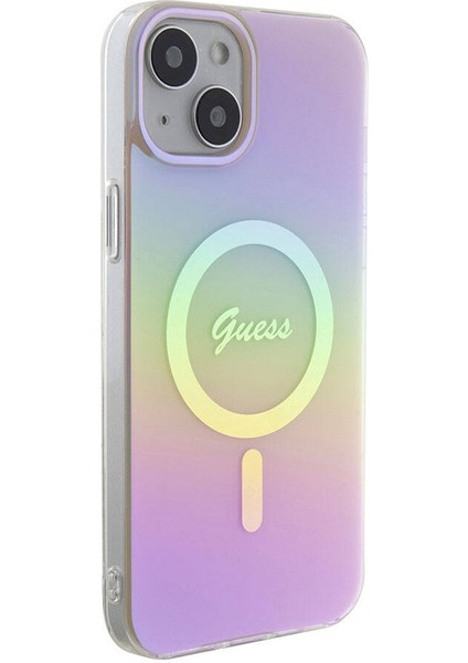 iPhone 15 Plus Uyumlu Kılıf Guess Orjinal Lisanslı Magsafe Şarj Özellik Yazı Logolu Iridescent Pembe