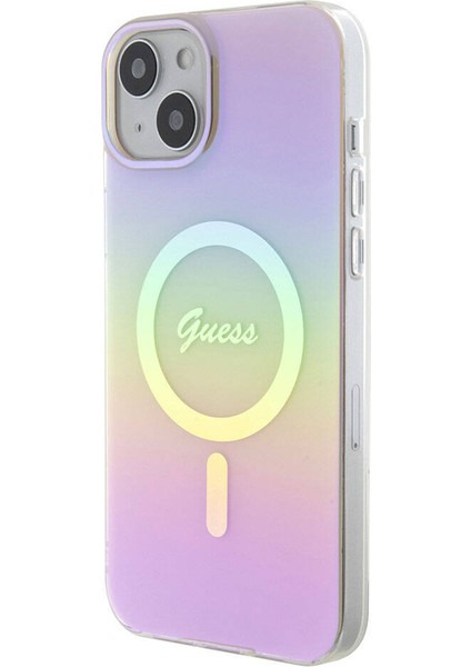iPhone 15 Plus Uyumlu Kılıf Guess Orjinal Lisanslı Magsafe Şarj Özellik Yazı Logolu Iridescent Pembe modelleri