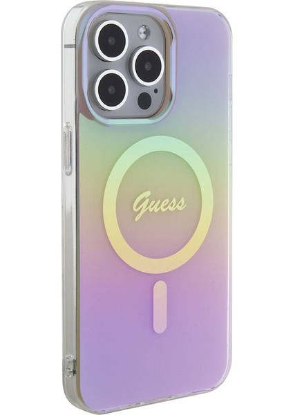 iPhone 15 Pro Uyumlu Kılıf Guess Orjinal Lisanslı Magsafe Şarj Özellik Yazı Logolu Iridescent Pembe
