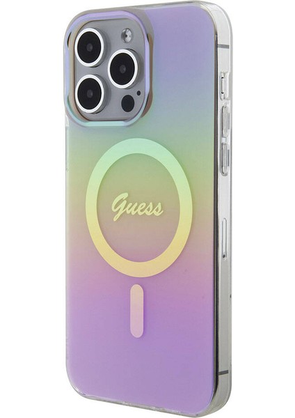 iPhone 15 Pro Uyumlu Kılıf Guess Orjinal Lisanslı Magsafe Şarj Özellik Yazı Logolu Iridescent Pembe